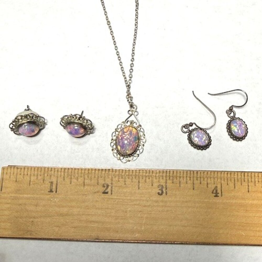 Vintage sterling silver Czech glass harlequin opal 16"  necklace and two earring - Picture 8 of 8